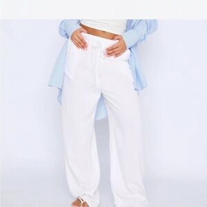 White Fox White Drawstring Wide Leg Linen Pants